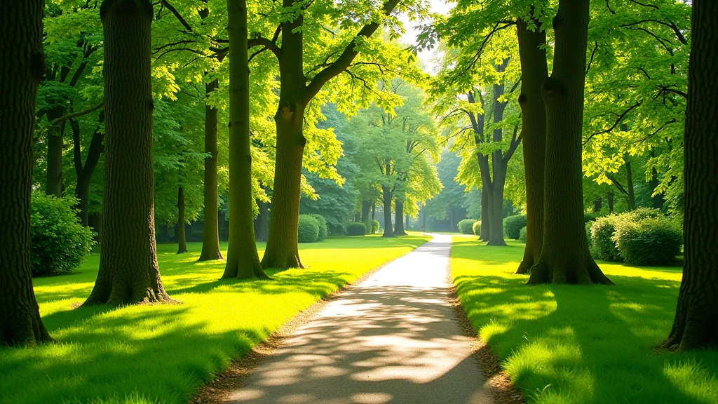 Žali augalai ir medžiai Palangos Birutės parke, saulėtas rytas
